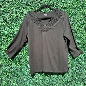 Charter Club Black Long Sleeve Top with Embellished Neckline